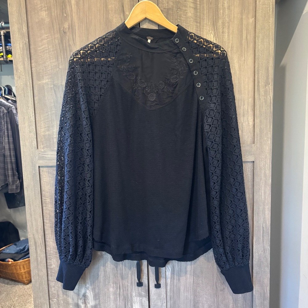 Free People Sweetest Thing Black Lace Sleeve Thermal Embroidered Mock Neck Top M